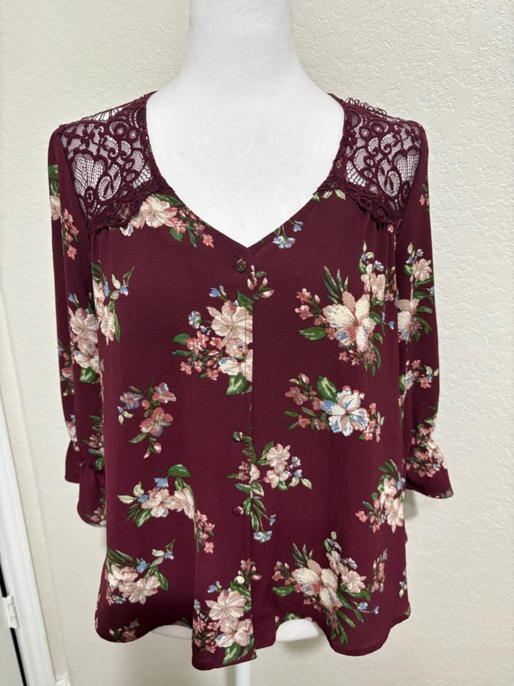Mine Burgundy Floral Lace-Yoke V-Neck Blouse
